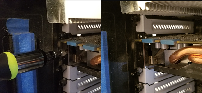 Крепление видеокарты к корпусу — демонстрация места винтов