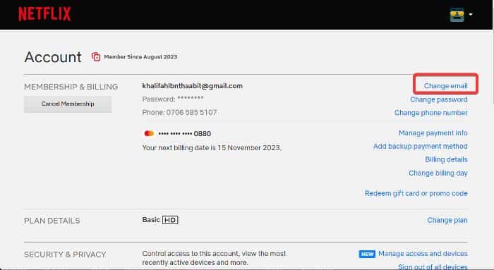 Страница Netflix — изменение e‑mail аккаунта