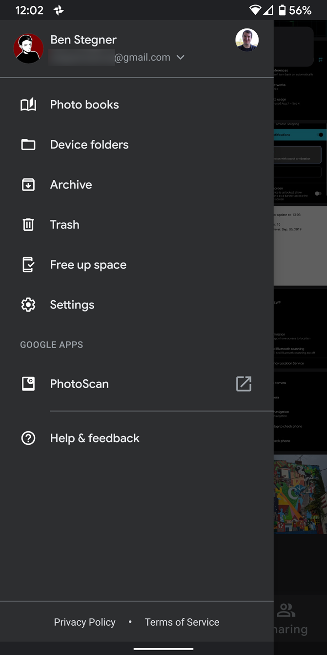 Меню Google Photos на Android