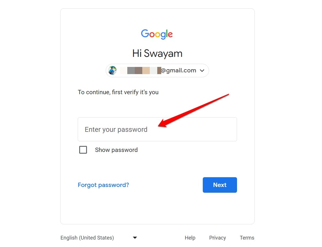 введите пароль учётной записи Google