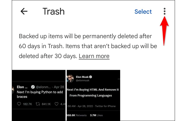 Корзина Google Photos, стрелка у иконки меню