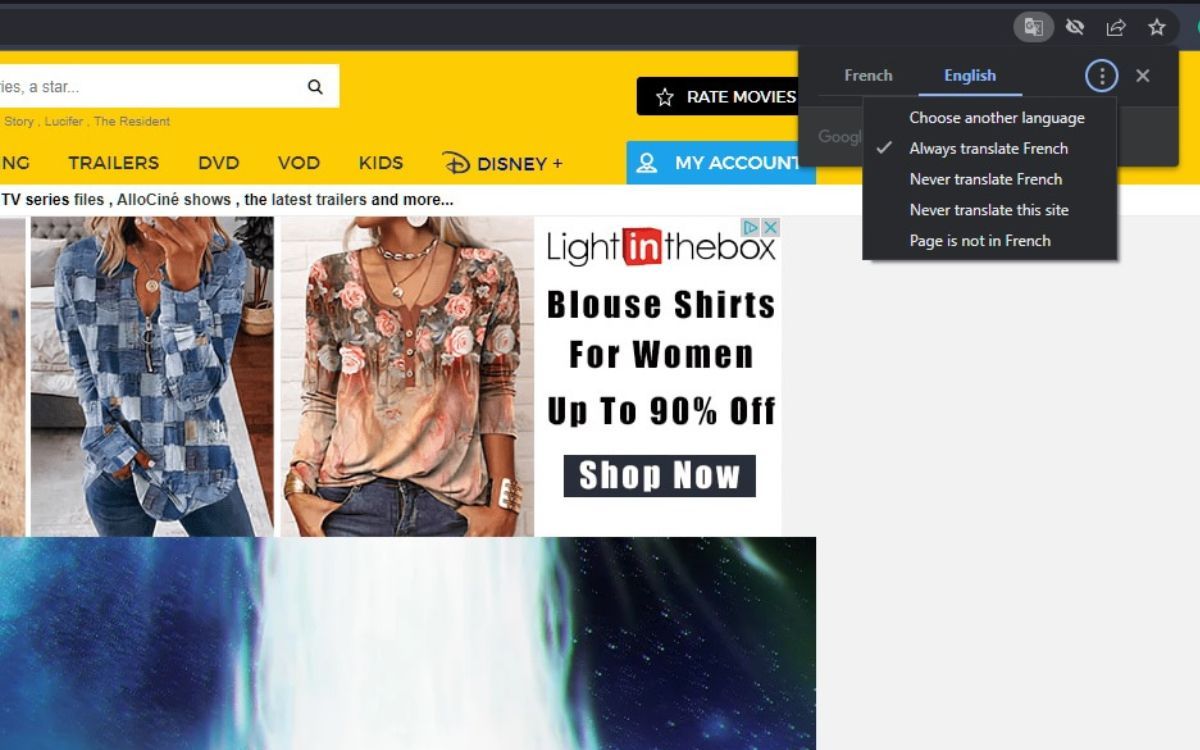 Скриншот всплывающего окна перевода с меню многоточия на сайте AlloCiné