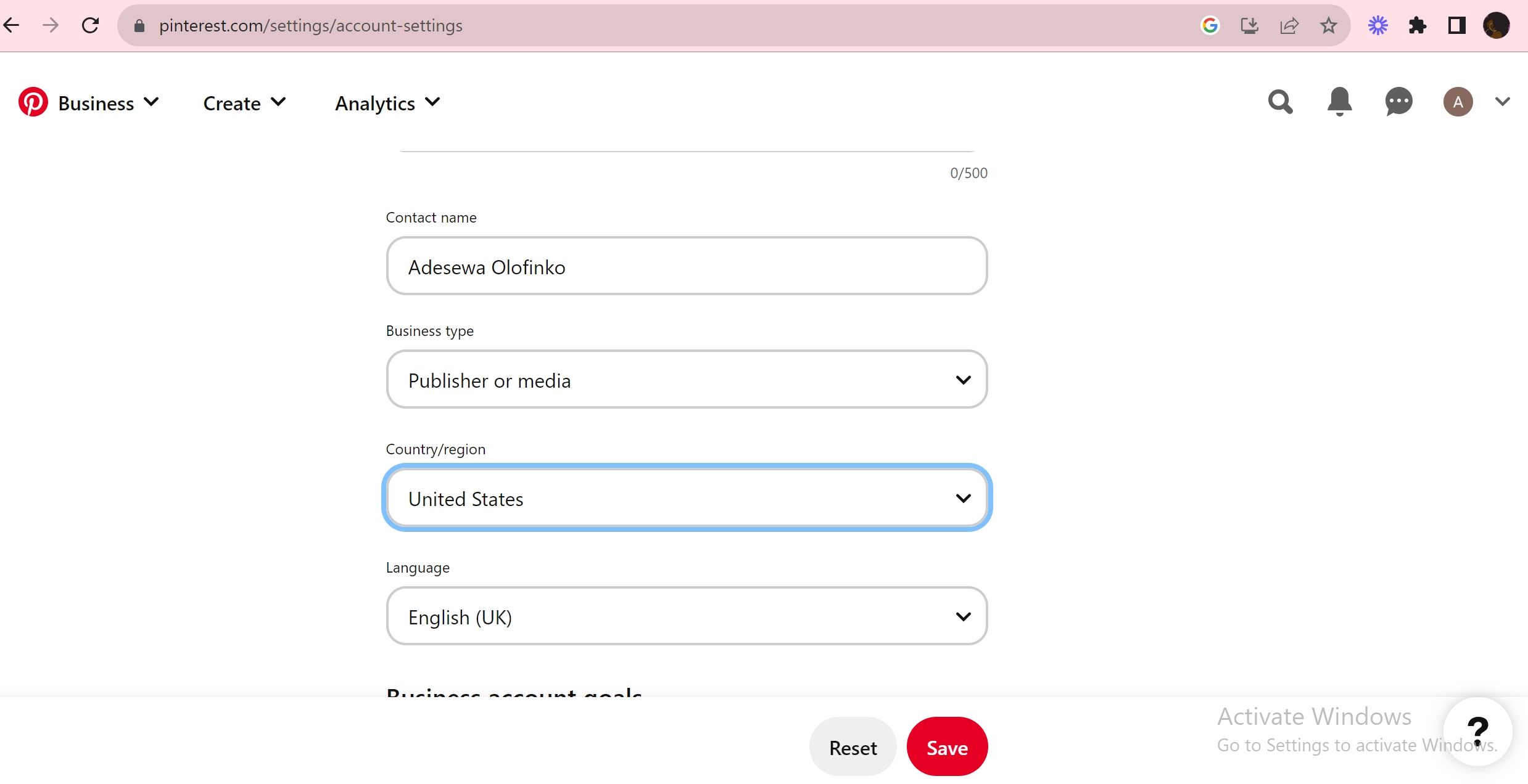 Выбор региона в настройках Pinterest