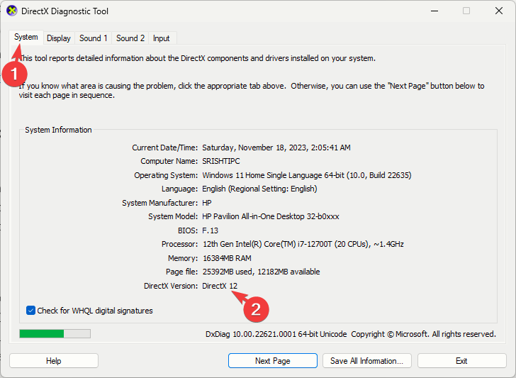 Интерфейс dxdiag с указанной версией DirectX