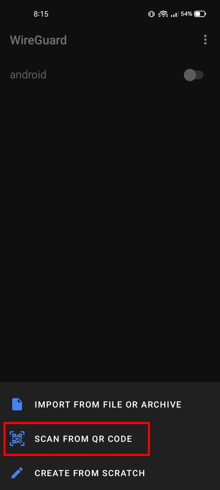 Сканирование QR в приложении WireGuard