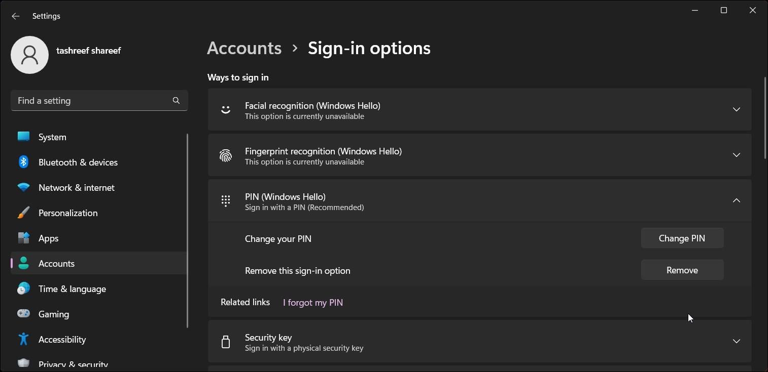 Удаление PIN в параметрах Windows 11
