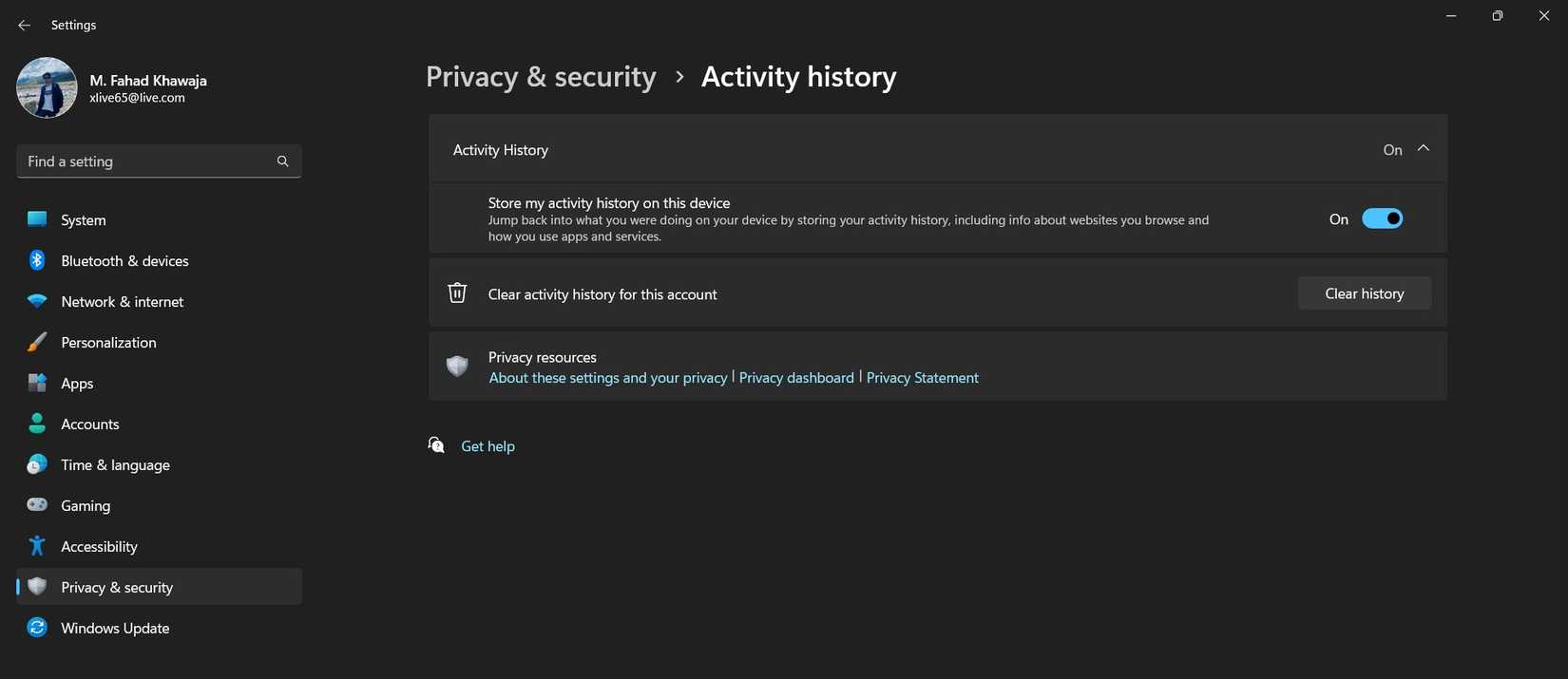 Раздел истории активности в настройках Windows