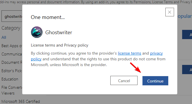 Окно подтверждения установки надстройки Ghostwriter в Word с кнопкой