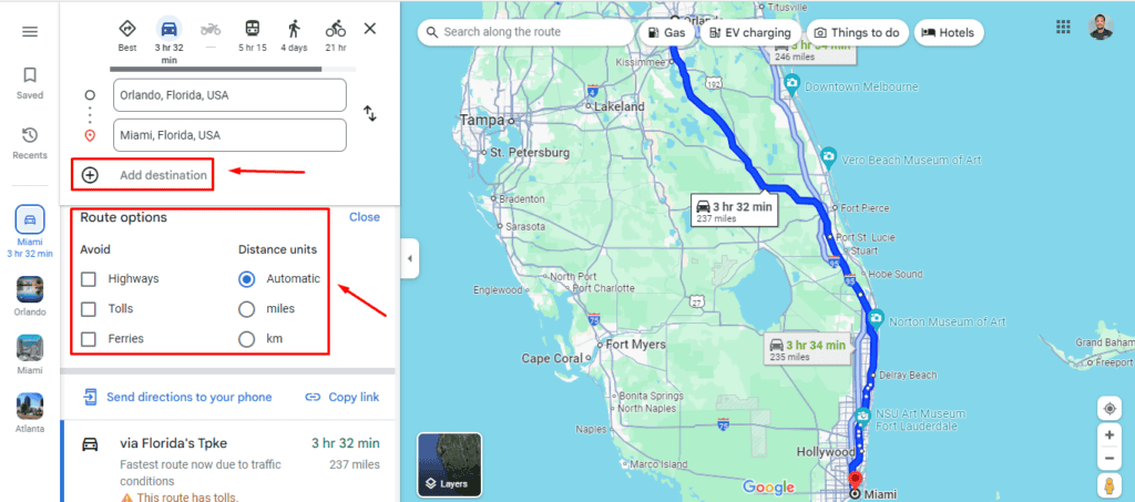 Параметры настройки маршрута: объезд платных дорог и автотрасс