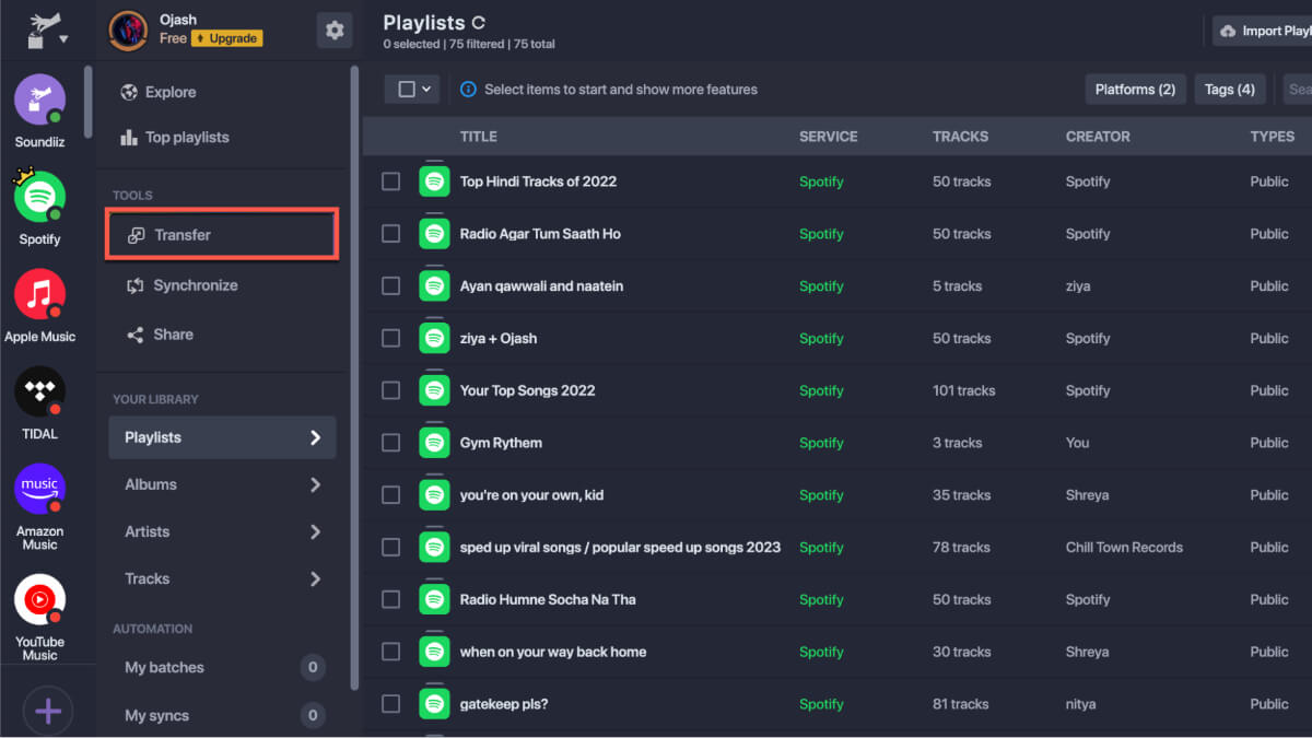 Кнопка Transfer в Soundiiz для начала переноса