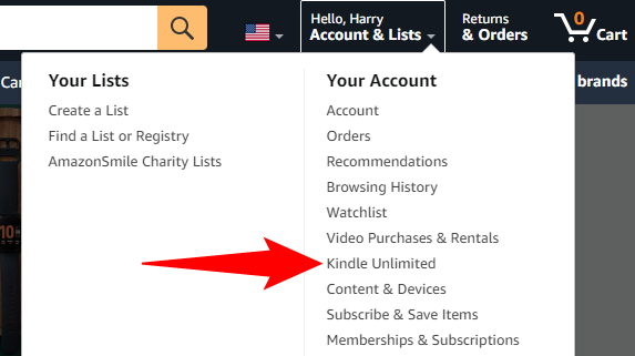 Выберите Kindle Unlimited в меню.