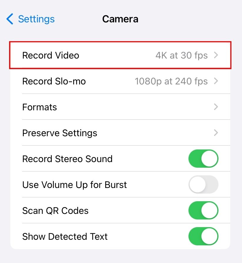 Параметры записи видео в настройках iPhone.