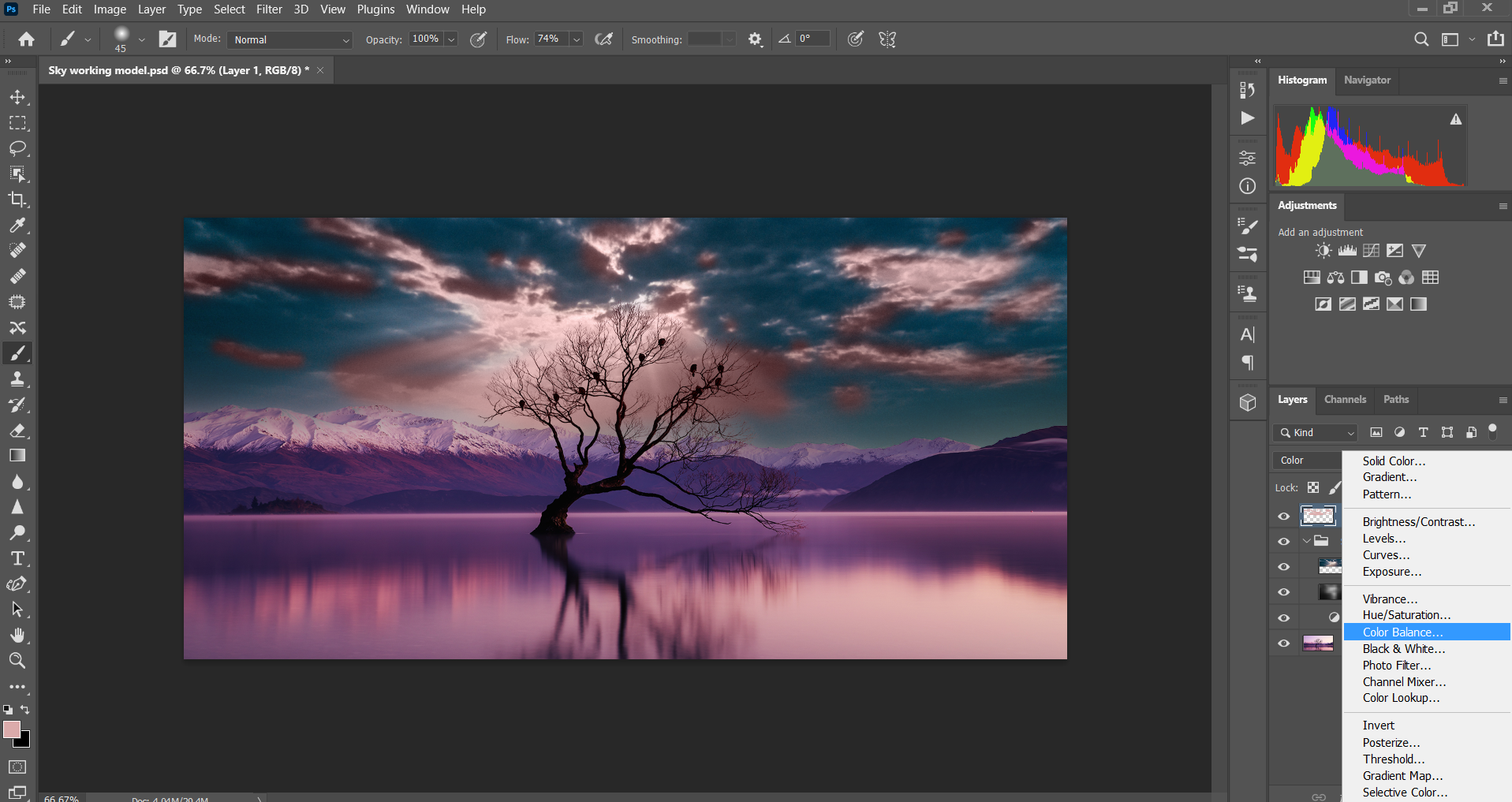 Добавление корректирующего слоя Color Balance