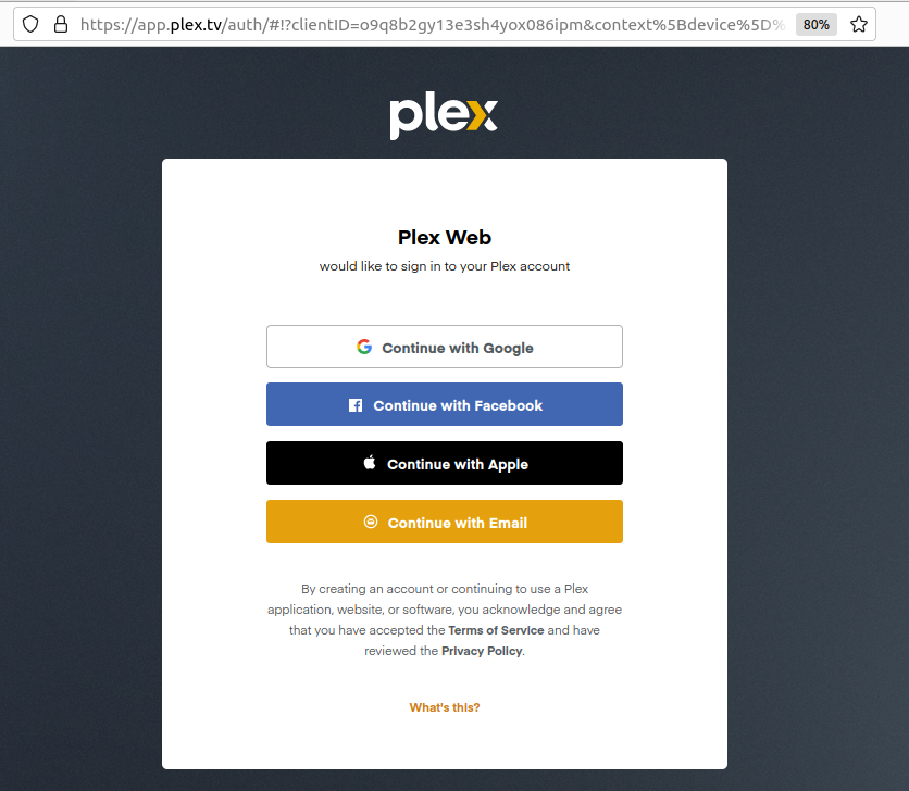 Plex web UI login interface using different methods such as Google, Facebook, Apple, and Email