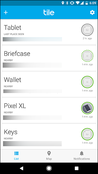 Экран со списком Tile и индикаторами подключения