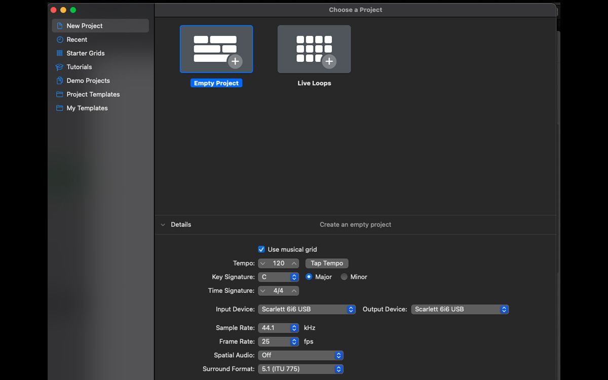 Выбор проекта в Logic Pro