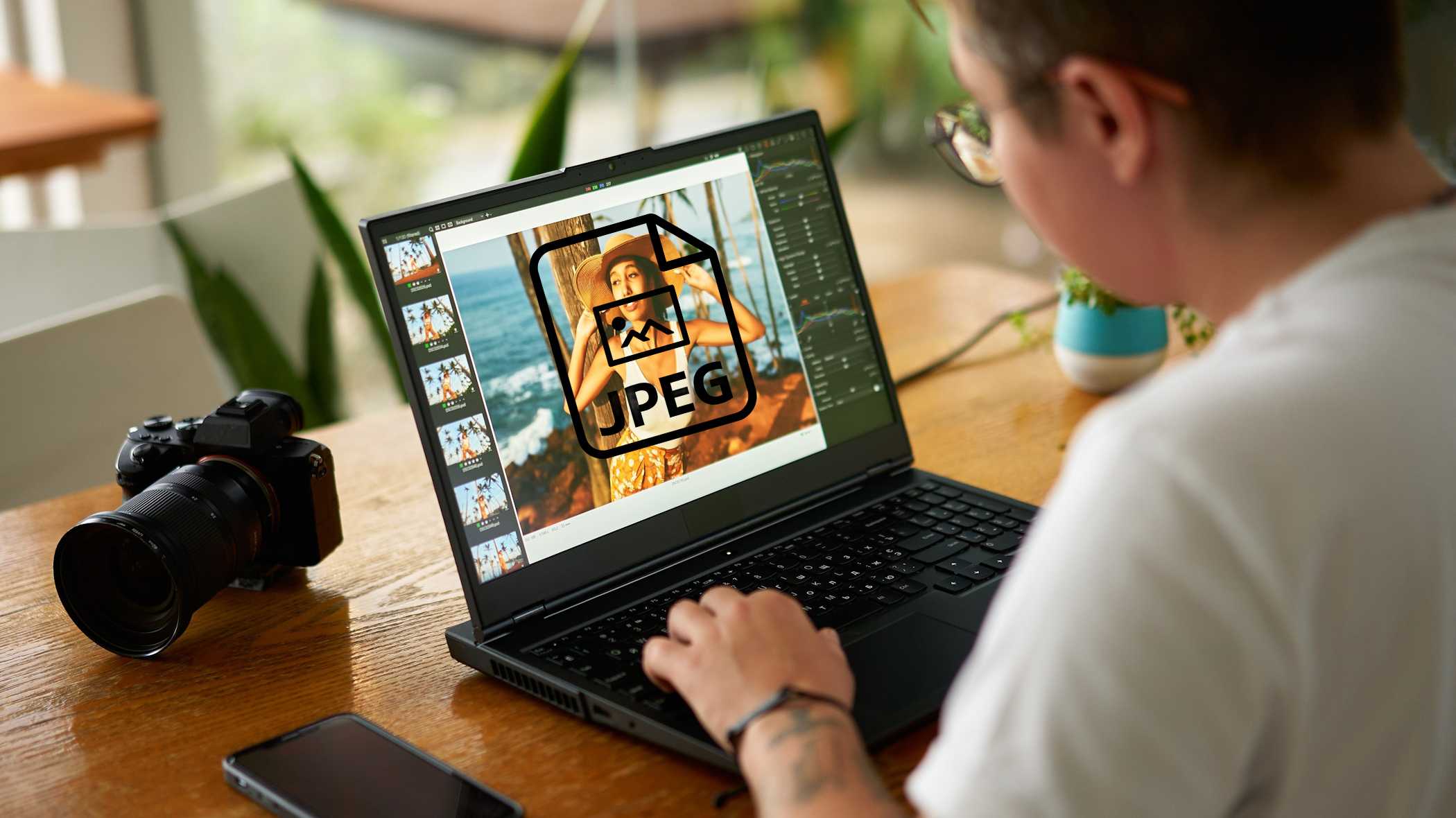 Человек просматривает фото JPEG на ноутбуке с Windows