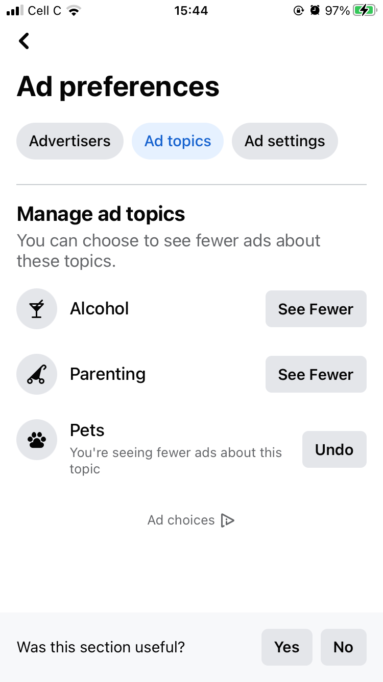 Настройки рекламных предпочтений Facebook