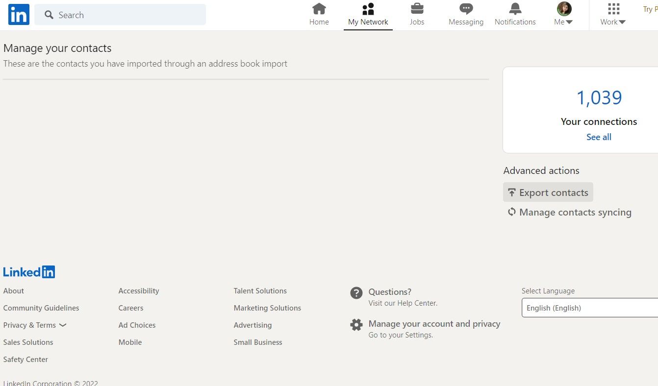 Страница LinkedIn для экспорта контактов