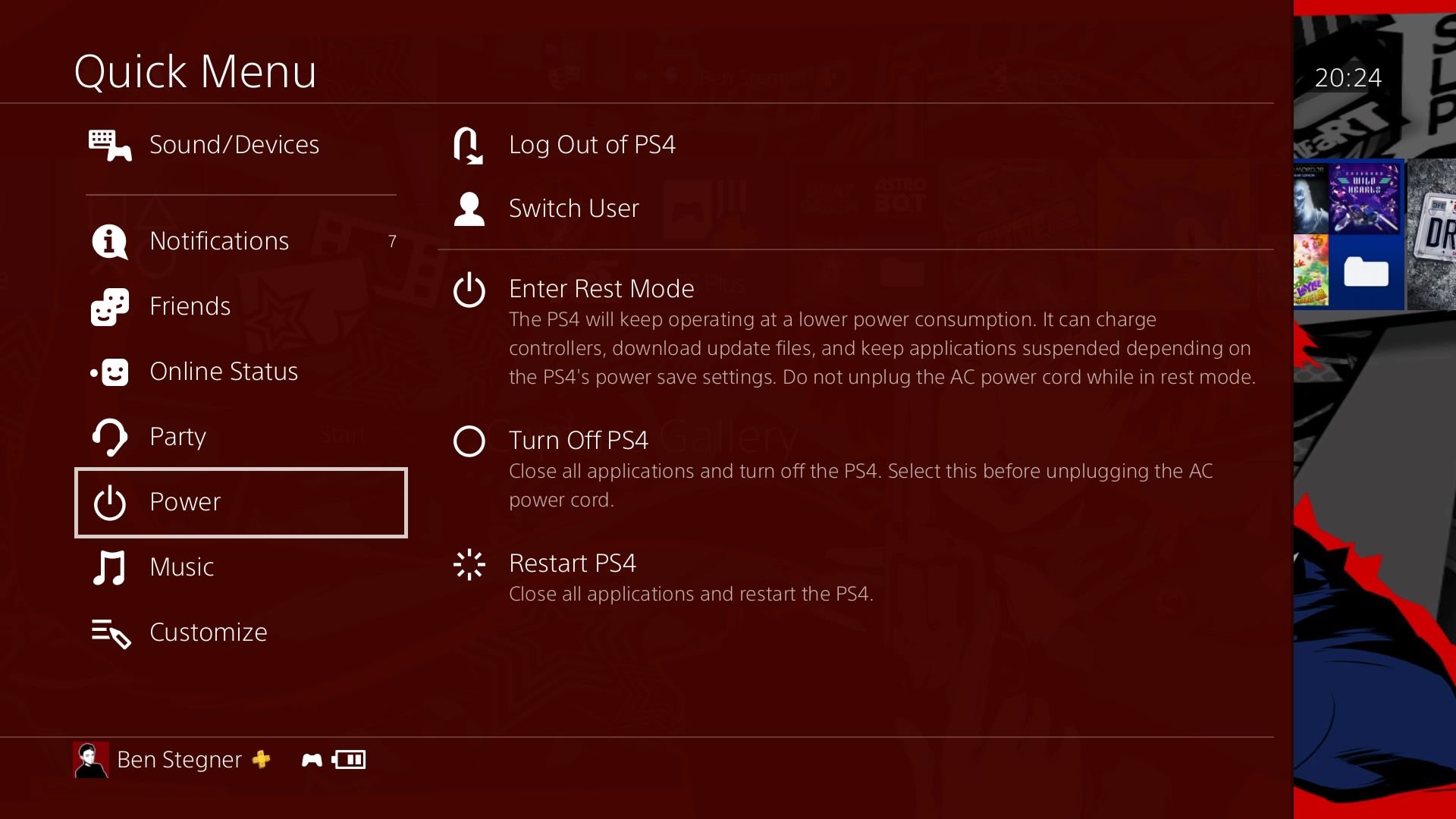Меню питания PS4 на экране контроллера
