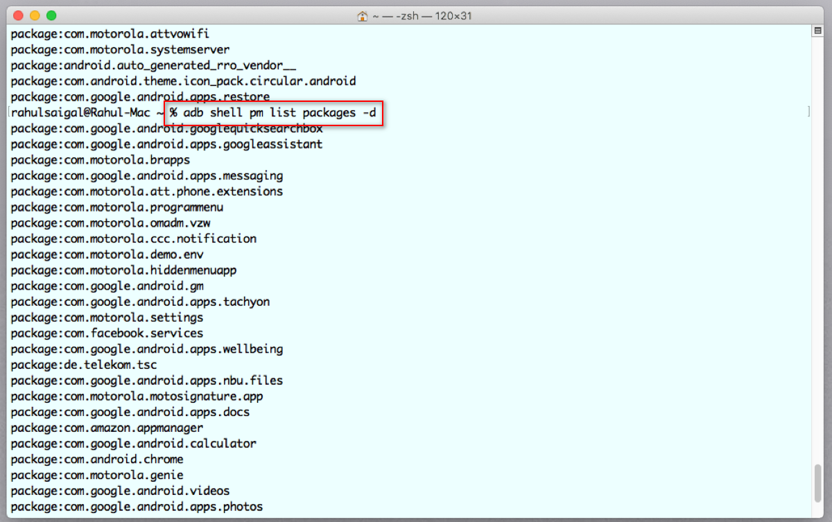 Список пакетов, полученный через pm list packages