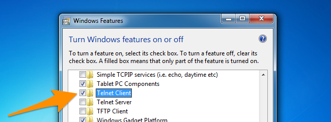 Окно включения компонентов Windows с Telnet Client