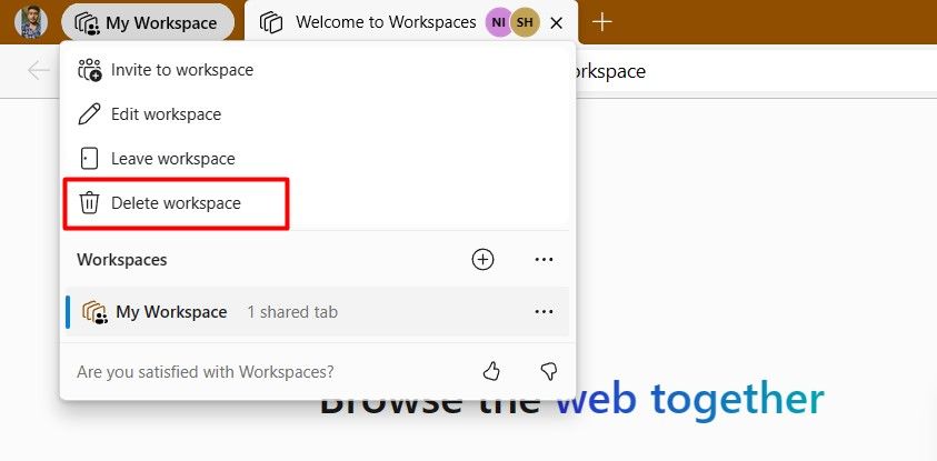 Опция Delete Workspace в Edge.
