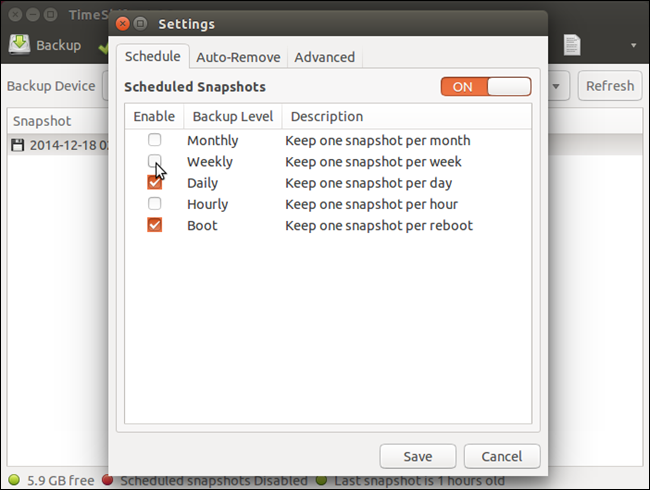 Настройка расписания создания снимков в TimeShift