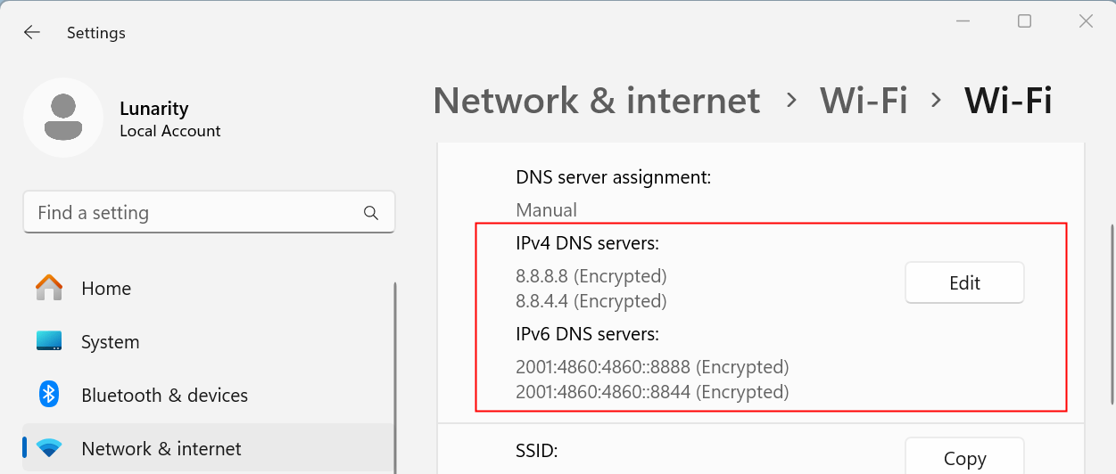 Список DNS‑серверов в Windows 11 с отметкой «(Encrypted)»