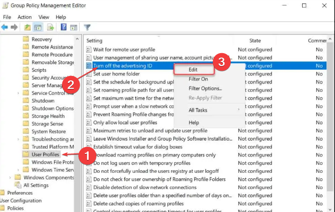 Параметр 'Отключить рекламный идентификатор' в Редакторе локальной групповой политики