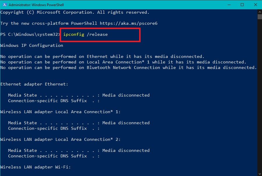 Ввод команды ipconfig release в командной строке