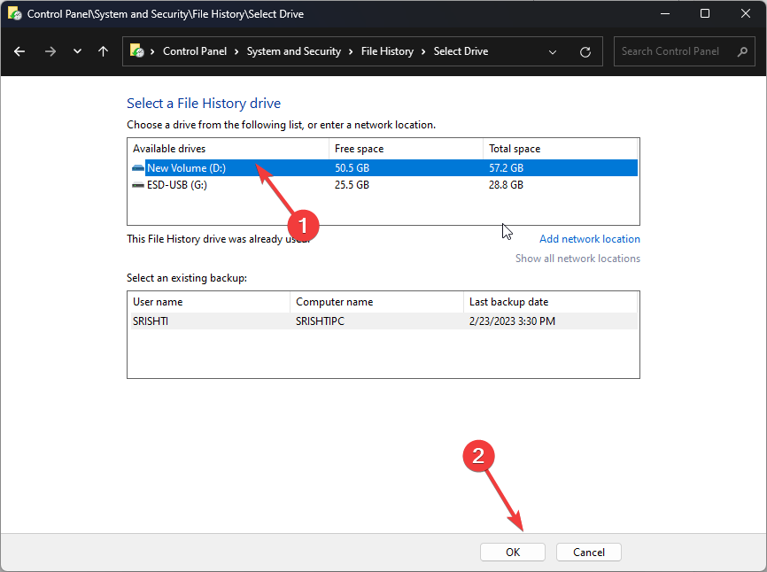 Снимок экрана: Выбор диска для Файловой истории