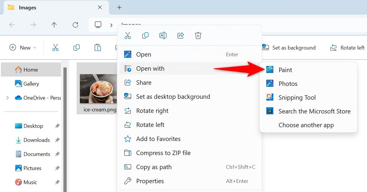 Контекстное меню с выделенным «Открыть с помощью > Paint».