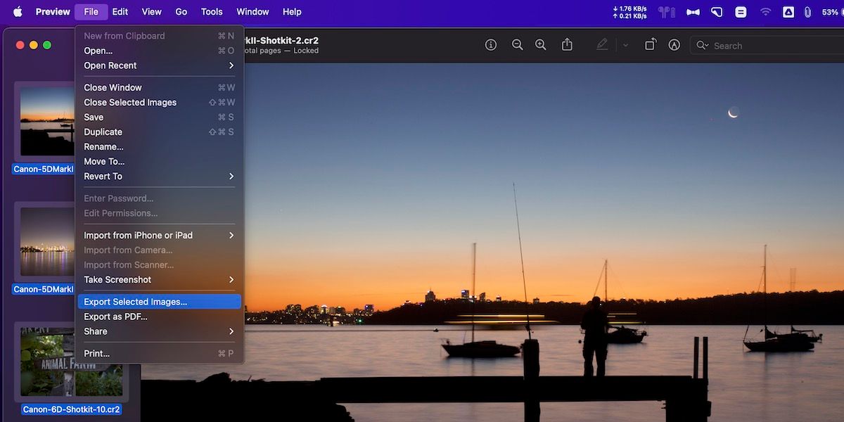 экспорт выбранных изображений через меню Файл