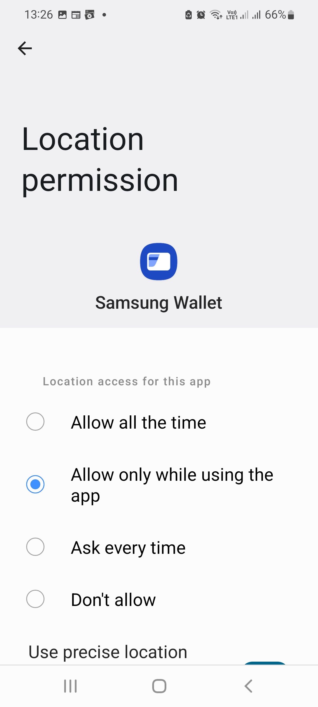 Разрешения на геолокацию в Samsung Wallet