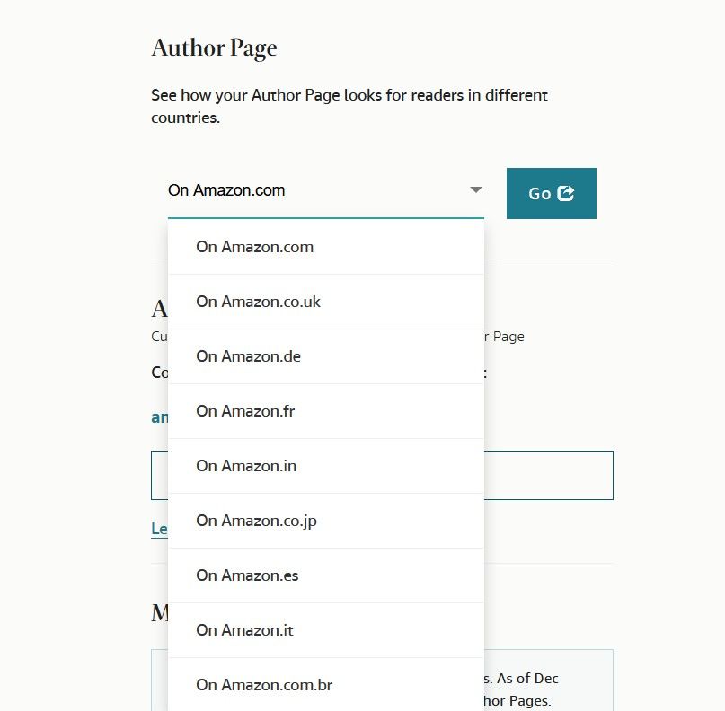Выбор домена Amazon для просмотра страницы автора