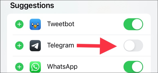 Выключите зеленый переключатель, чтобы удалить Telegram из листа Поделиться iPhone