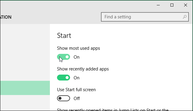 Отключение опции Показывать часто используемые приложения