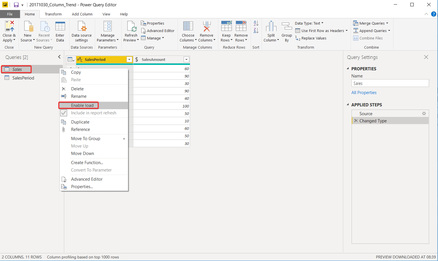 Запрос в редакторе отображается курсивом, загрузка отключена
