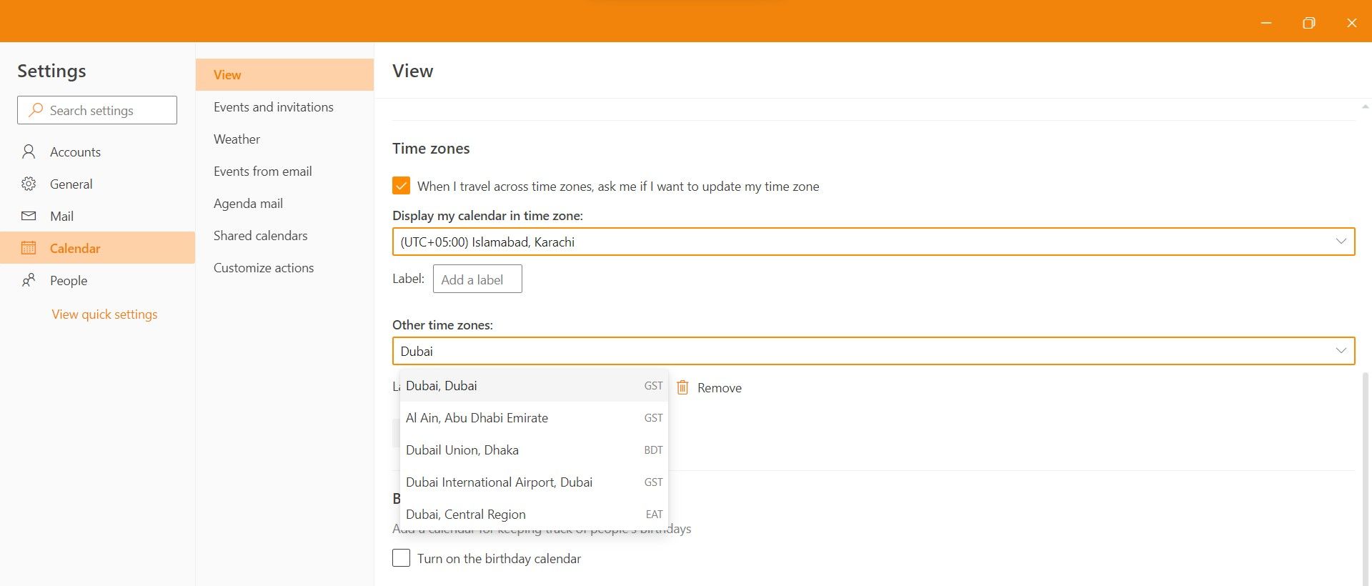 Добавление нескольких часовых поясов в Outlook
