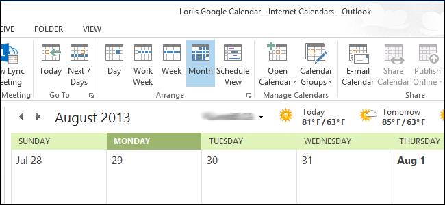 Просмотр Google Календаря в Outlook 2013
