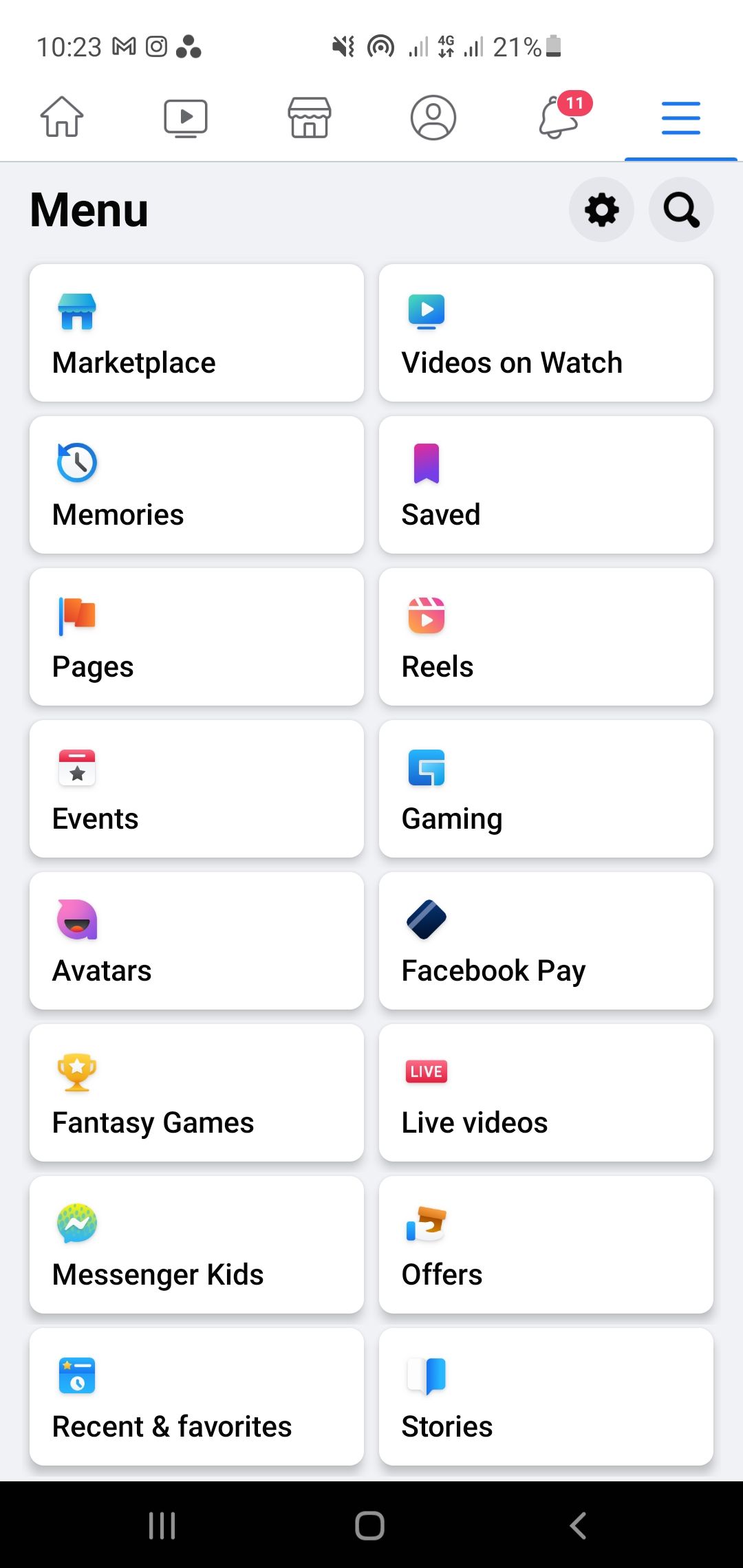 Открыть меню Facebook