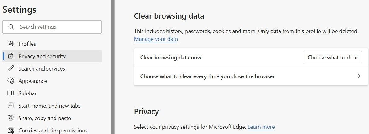 Очистка данных браузера в Microsoft Edge