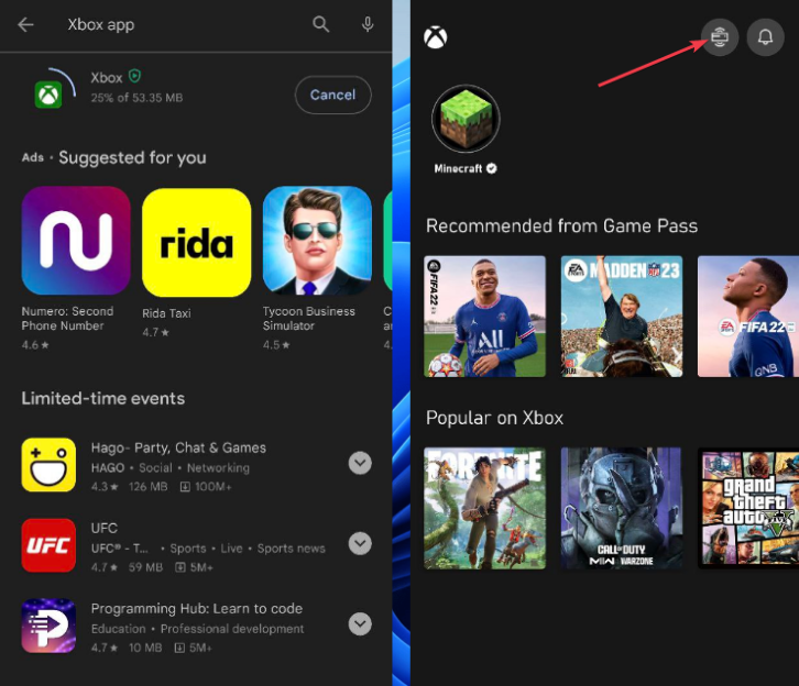 Иконка консоли в приложении Xbox на телефоне