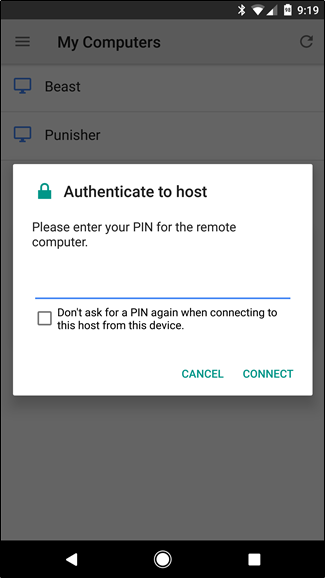 Запрос PIN при подключении через мобильное приложение Chrome Remote Desktop