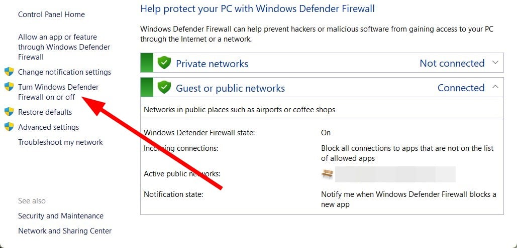 Параметр отключения брандмауэра в панели управления