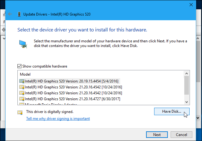 Кнопка Установить с диска в окне выбора драйвера
