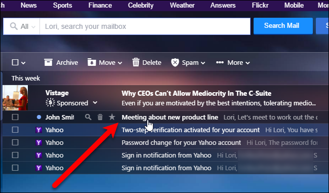 Письмо во входящих в Yahoo Mail