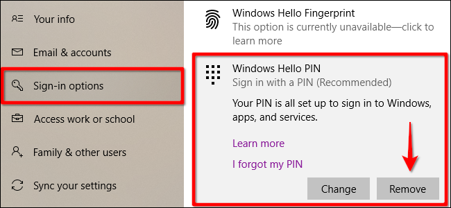 Подтверждение удаления PIN в Windows 10