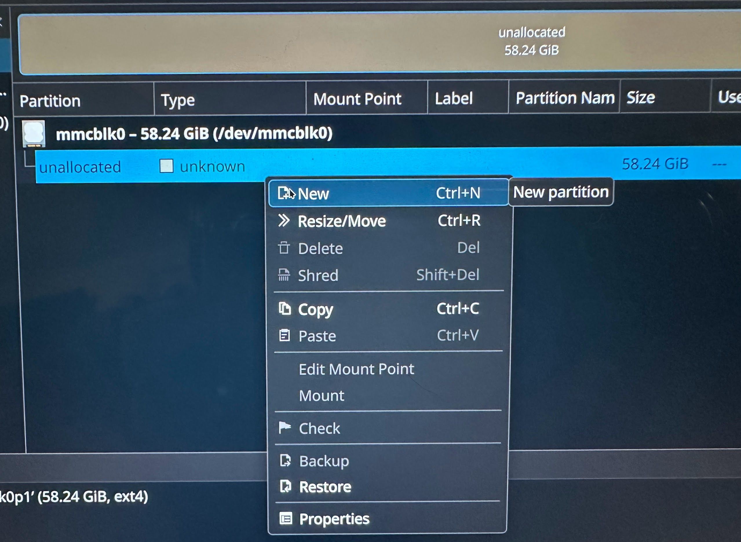 Создание нового раздела в KDE.